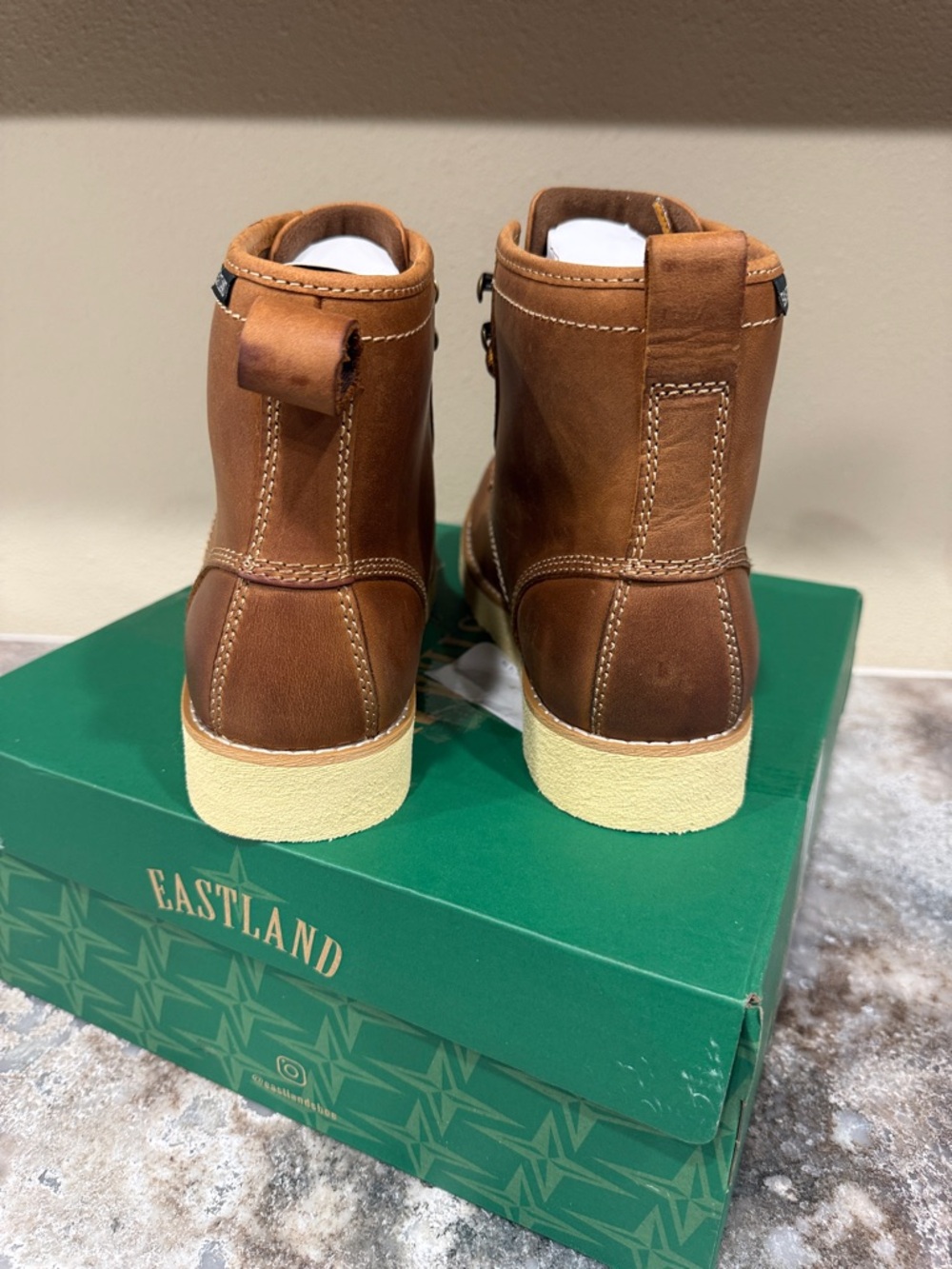 Eastland Tan Brown Leather Moc Toe Work Boots with Cream Outsole - Picture 3 of 5
